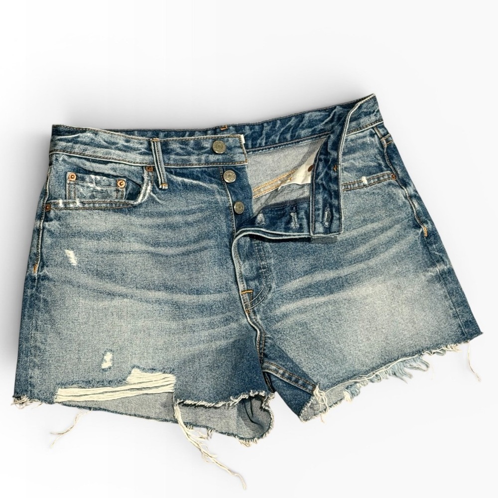 NWT GRLFRND The Helena High Rise Distressed Cut Off Denim 3" Shorts Blue Size 28